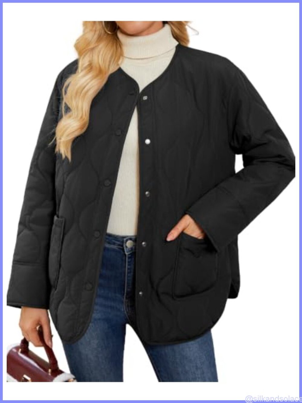 Oversized Quilted Jacket Lightweight Collarless Puffer Long Sleeve Snap Button